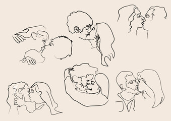collection of linearts about love with couples kissing