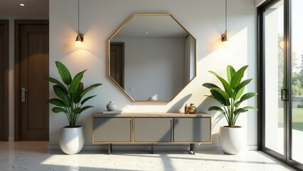 Modern Entryway Design Featuring Octagonal Mirror and Console Table