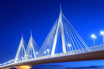 Fototapeta premium modern illuminated cable-stayed bridge at twilight with dramatic sky, symbolizing connection, innovation, and architectural beauty