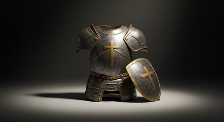 Medieval Armor Suit and Shield with Cross Design on Grey Background