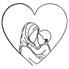 Mother and Baby Inside Heart Shaped Line Art
