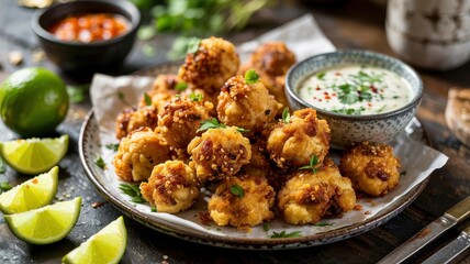Fototapeta premium Crunchy golden chicken bites on ceramic plate with herbs and dip