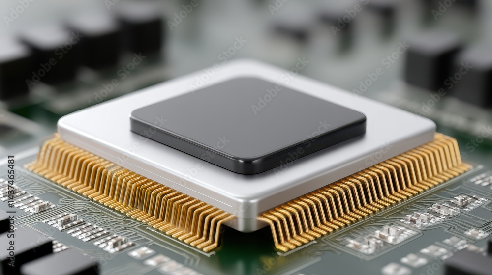 Poster intricate closeup of a cpu chip on computer motherboard, glimpse into modern computing power