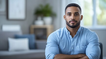 Obraz premium Confident Young Man in Blue Shirt Posing Indoors in Modern Living Room