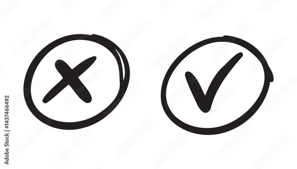 Poster check and cross mark icon doodle hand drawn. checkbox for vote, yes and no concept. cross mark in ci