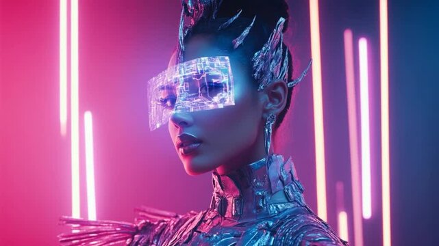Futuristic Cyberpunk Beauty: Portrait of a Woman with Digital Visor in Neon Light