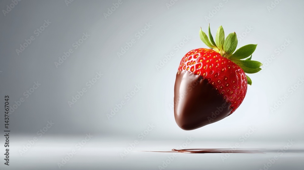 Poster chocolate dipped strawberry floating in mid-air against a high-key background creating a captivating