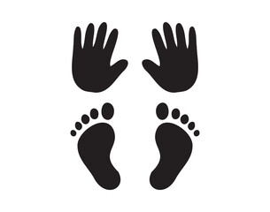 Baby foot prints and hand prints. Small cute black silhouettes. 