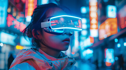 Futuristic person wearing smart glasses with neon city lights reflection