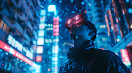Futuristic person wearing smart glasses with neon city lights reflection