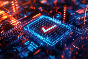 Futuristic interface with glowing blue icons and digital elements on a dark background display screen