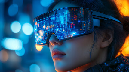 Futuristic person wearing smart glasses with neon city lights reflection