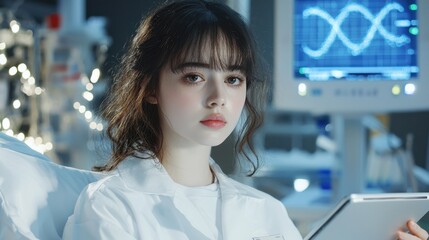 Doctor using tablet with DNA graphics and AI holograms in modern hospital