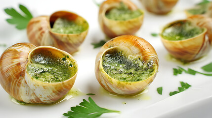 Exquisite French Escargots de Bourgogne Served on Elegant Plate with Fresh Herbs and Garnish
