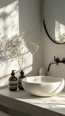 Modern bathroom sink area with soft sunlight and delicate decor.