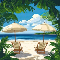 Tropical beach scene with beach chairs and umbrellas Lush foliage frames the idyllic view
