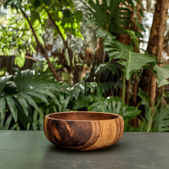 A handcrafted wooden bowl with rich natural patterns, placed on a table outdoors with lush green foliage in the background.