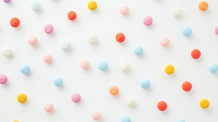 Colorful round candies scattered on a white background