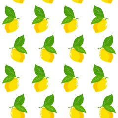 Pattern of bright lemons with green leaves on a white background creating a vibrant design for home decor or fabric