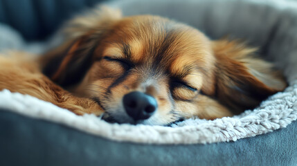 Fototapeta premium A small dog resting comfortably on a soft cushion in its cozy dog bed, eyes half-closed.