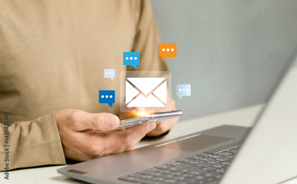 Poster hand using laptop and touching on digital screen of new email notifications, messages to delivery.