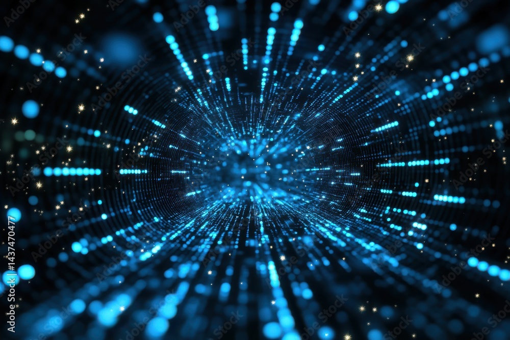 Poster abstract digital rendering with blue and red lights forming a complex circular pattern
