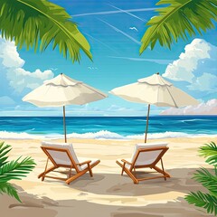 Obraz premium Relaxing beach scene with two sun loungers and umbrellas