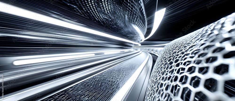 Wall mural abstract futuristic background with hexagonal pattern and light streaks in blue and white.