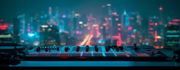 indie folk band live Vibrant city skyline at night with an electronic music setup, showcasing modernity and creativity in urban life.