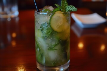 A refreshing cucumber mojito with mint, lime, rum, and sparkling water