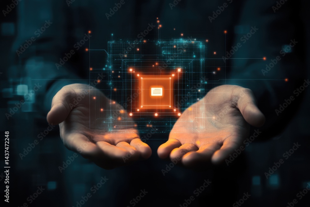 Poster hands holding glowing chip with digital lines and dots floating above palms in dark background