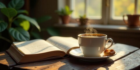 A steamy cup of coffee and a captivating book, illuminated by the warm morning sun, creating a peaceful and inviting atmosphere for quiet contemplation and relaxation.