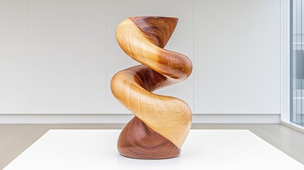 Abstract wood sculpture, double helix form, brown and gold tones, minimalist modern art, gallery setting, bright lighting.