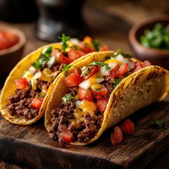 Two tacos with seasoned ground beef, toppings, and cheese