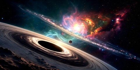 Cosmic Tapestry: A Galaxy Woven with Planets, Black Holes, and Nebular Colors