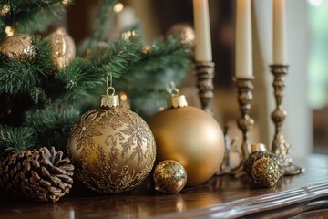 Golden christmas ornaments and candles on a wooden table creating a festive scene indoors