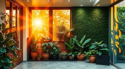 Warm golden glow illuminating a home garden interior with plants in pots and green wall paneling. Radiant, luxurious, graceful, and elegant aesthetic, refined features