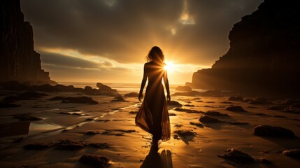 Fototapeta premium A lone figure standing on an empty beach looks out to the horizon. The moderate sunset casts a soft, light light that emphasizes the feeling of loneliness and reflection.