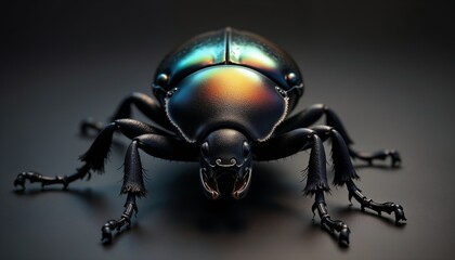Fototapeta premium Glossy black beetle with iridescent shell against dark background 