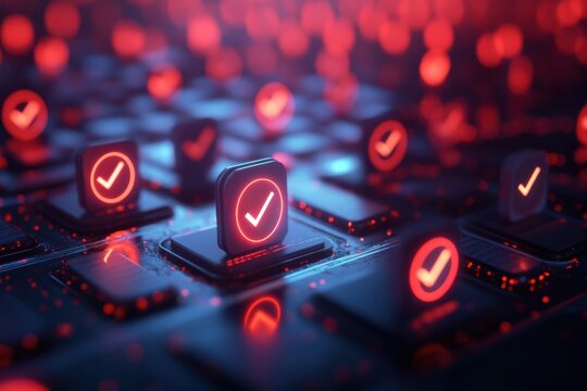 A close up of glowing red checkmarks on a dark blue circuit board with a shallow depth of field - Powered by Adobe
