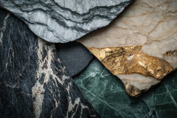 A close up view of different types of marble stone with gold and grey veining texture detail