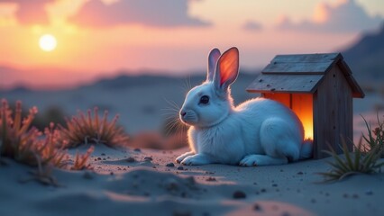 Serene Sunset A White Rabbit Rests Near a Glowing Miniature House on a Sandy Dune
