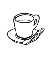 Vector doodles hand drawn coffee objects, coffee utensils, contoured simple doodles, cup with spoon, cafeteria, line art vector, coffee cup, favorite, stickers for coffee shop