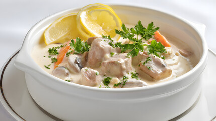 Creamy French Delicate Veal Blanquette Stew Served with Lemon and Fresh Parsley Garnish