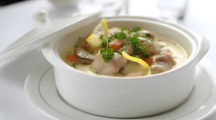 Creamy French Blanquette de Veau Stew with Tender Veal and Fresh Vegetables in Elegant Service Dish