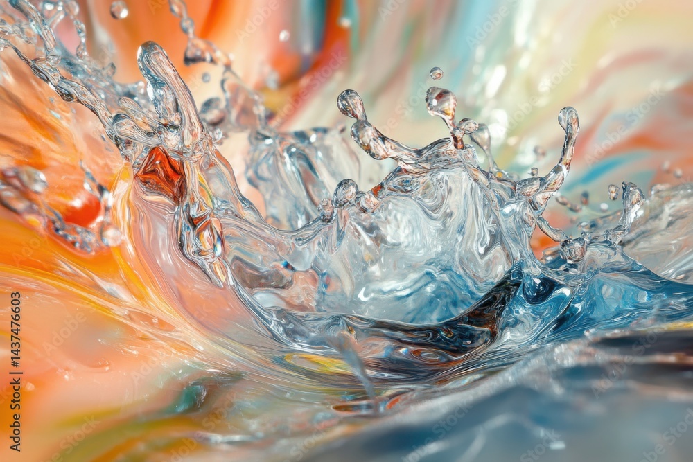 Poster a vibrant water splash with droplets and colorful background creating dynamic liquid art form scene
