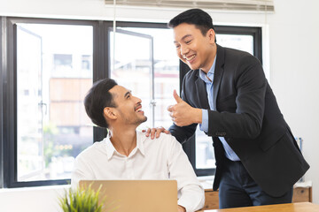 Congratulating, confidence two colleague asian businessman, male encourage staff for done excellent...