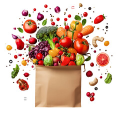 Colorful fresh fruits and vegetables in paper bag
