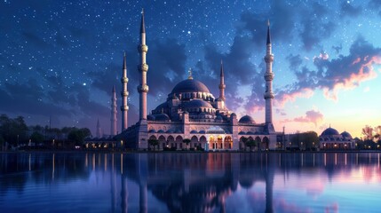 Obraz premium A magnificent mosque under a breathtaking starry sky, illuminating reflections on the serene water surface.