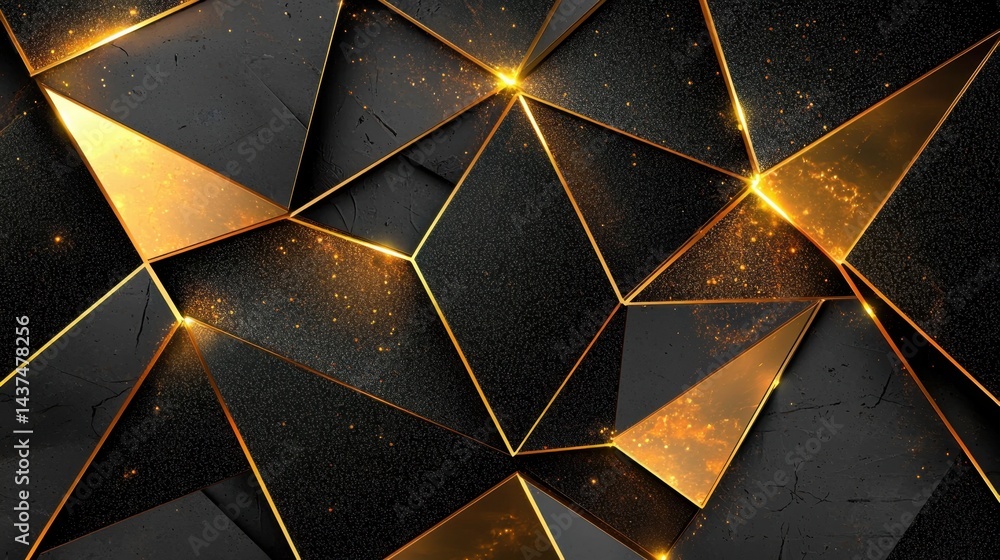 Poster futuristic abstract pattern of black textured triangles with golden outlines